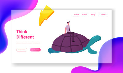 Business Competition, Acceleration and Progress Landing Page Template. Businessman Character Riding Huge Turtle. Slow Movement to Success, Manager Driving Giant Tortoise. Cartoon Vector Illustration
