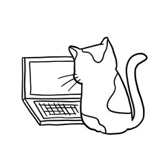 Cartoon hand drawn cat sit in front of laptop