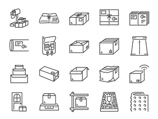 Parcel line icon set. Included the icons as package, box, packing, shipping, delivery, mail, bubble wrap, foam pellets and more.