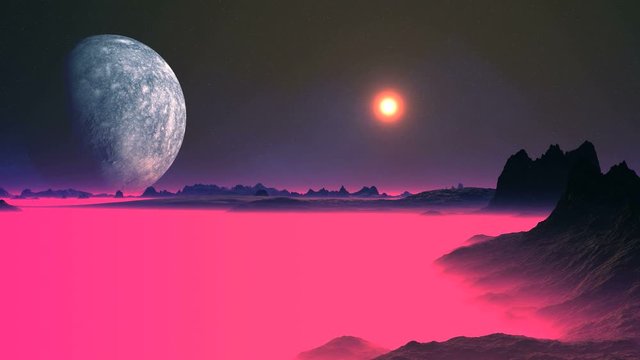 Dark rocks are among the thick pink fog. Above the horizon is a huge planet. In the dark starry sky, the bright sun sets.  