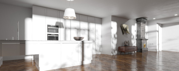 Scandinavian interior with white kitchen furniture and dining room and vintage fireplace 3d render