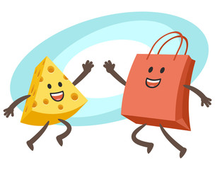 Give me high-five! Happy Cheese Character and Shopping Bag Character giving high-five.