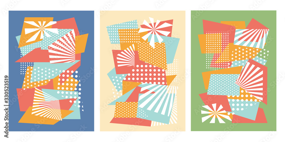 Poster colorful trendy geometric shapes flat elements of a pattern. pop art style texture. modern abstract 
