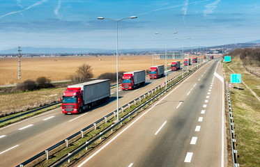 Red Trucks in line as a convoy at a rural countryside highway under a beautiful blue sky