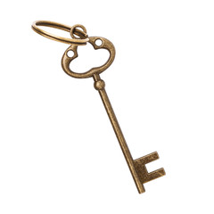 Vintage bronze key isolated on white background, top view