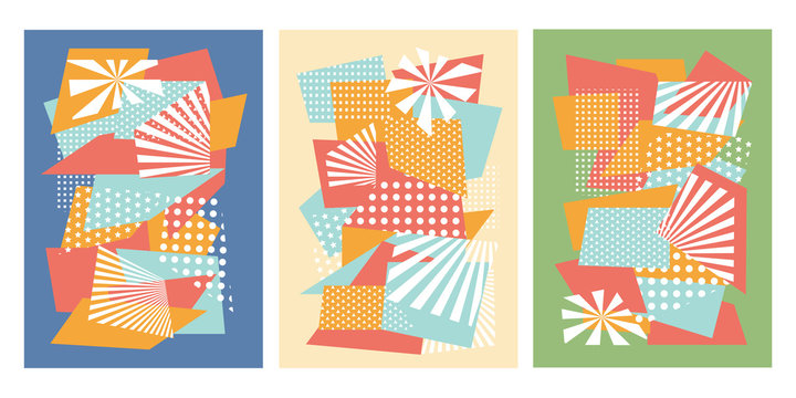 Colorful trendy geometric shapes flat elements of a pattern. Pop art style texture. Modern abstract design for poster and cover template background. Vector illustration