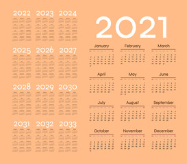 English calendar for years 2021-2033, week starts on Sunday