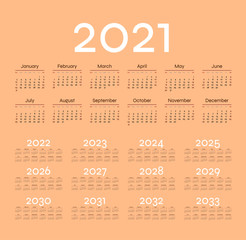 English calendar for years 2021-2033, week starts on Sunday
