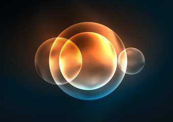 Glowing neon shiny transparent bubbles, glass circles or bio cell concept. Techno futuristic vector abstract background For Wallpaper, Banner, Background, Card, Book Illustration, landing page