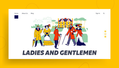 Obraz na płótnie Canvas Victorian Male Female Characters in Beautiful Dresses Landing Page Template. Vintage Gentlemen and Ladies Walk on Antique Palace Landscape with Fields, Retro Fashion. Linear People Vector Illustration