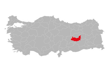 Elazig province highlighted on turkey map vector. Gray background.
