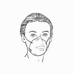 Woman wearing medical face mask, Hand drawn linear portrait, Vector sketch