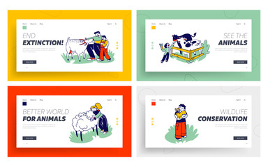Obraz na płótnie Canvas Children Spend Time in Farm Zoo at Countryside or Village Landing Page Template Set. Happy Family with Kids Summer Spare Time, Weekend Leisure , Care of Animals Attraction. Linear Vector Illustration