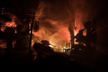 Obraz premium War Concept. Military silhouettes fighting scene on war fog sky background, World War Soldiers Silhouette Below Cloudy Skyline At night.