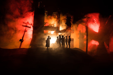 War Concept. Military silhouettes fighting scene on war fog sky background, World War Soldiers...
