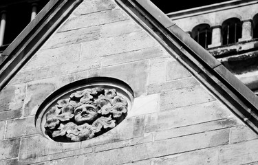 facade of European cathedral in black and white 