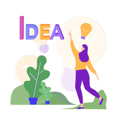 Woman in Park Has New Idea. Idea Generation. Creating Business Ideas. Turn into Reality Thoughts. Use Electronic Media. Reward for New Idea. Vector Illustration. Woman in Park. Raises Up in Arm.