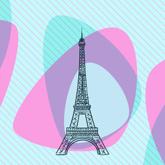 Fototapeta na wymiar Sketch of Eiffel Tower in Paris, France, on aqua menthe and pink color abstract streamlined shapes on diagonal striped square background. Hand drawn vector illustration