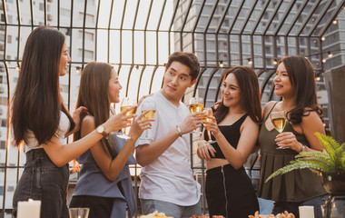 young asian woman happy  party drink beer.