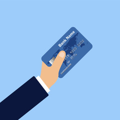 Hand holds a credit card. Flat design of online payment. Cash withdrawal. Financial operations. Vector illustartion. Isolated.