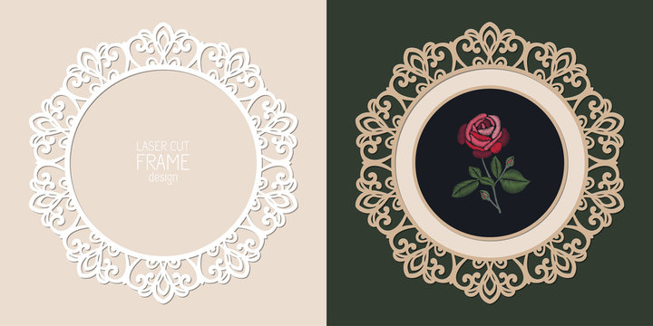 Laser cut lace round frame, vector template. Ornamental cutout photo frame with pattern. Vintage background with rose embroidery inside the cut out frame.