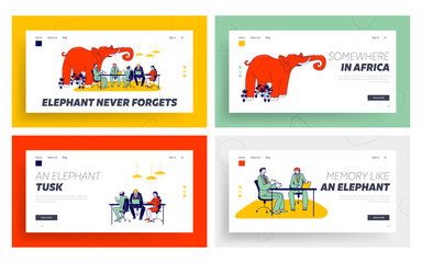 Obraz na płótnie Canvas Red Elephant in Office Landing Page Template Set. Business People Sitting in Office Discussing, Ignoring Unsolved and Avoided Problems. Partners Conversation or Negotiation. Linear Vector Illustration