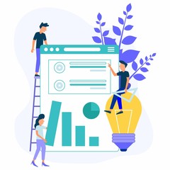 Business people draw their charts up. Team work. Business presentation. Flat vector illustration.