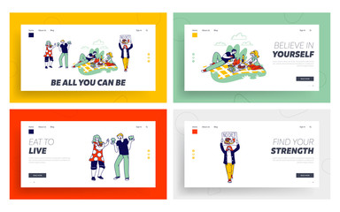 No Diet Concept, People Enjoying Carb Meals Landing Page Template Set. Male and Female Character Choose Unhealthy Eating, Fast Food and Soda Drinks, Fat Junk Food Dishes. Linear Vector Illustration