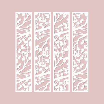 Laser cut vector borders set with cherry blossom branches pattern. Paper cutting, cutout floral bookmarks .
