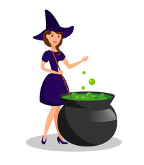 Witch Boiling Sorcery Potion Vector Illustration. Young Woman in Witch Costume Cartoon Character. Cast Iron Pot with Boiling Brew. Halloween, Cosplay Party. October Holiday Celebration