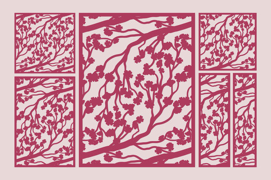 Laser cut vector panels set with cherry blossom branches pattern. Paper cutting, wedding cards element, cabinet screen, stencil pattern. Different sizes: 1:1, 1:2, 2:3, 3:4, 1:3.