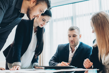 Team briefing, brainstorming. Business partners, managers working on project at modern office.
