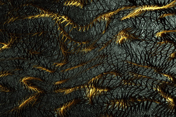 3D render. Black golden natural texture. Abstract black, gold and yellow background. Stone texture for the design of digital wall tiles. Copy space.