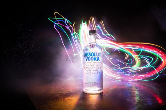 BAKU, AZERBAIJAN - FEB 09, 2020: Absolut Vodka is a brand of vodka, produced near Ahus, in Sweden. Owned by French group Pernod Ricard it is one of the largest brand of alcoholic spirits in the world.