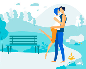 Young Woman Kiss Man in Cheek at Park, Loving Couple Hugging and Kissing Outdoors . Romantic Meeting, Relations, Love, Summer Time Leisure. Man Holding Woman on Hands. Cartoon Flat Vector Illustration