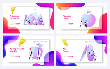 Agricultural Genetics Landing Page Template Set. Laboratory Exploring Plants Grow in Test Tube. Scientists Characters and Huge Fruits, New Methods of Plant Breeding. Cartoon People Vector Illustration