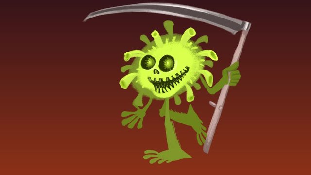 Walk cycle of a green coronavirus covid - 19 with scythe. 2D animation made in 4K, loopable clip with alpha channel