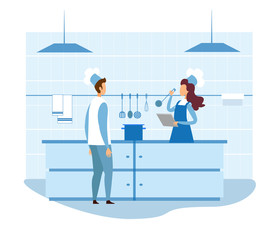 Female Food Critic Checking Utensils in Flat Restaurant Kitchen. Chef Listening to Wishes and Review from Inspector. Inspection, Quality Control. Faceless People Character. Vector Cartoon Illustration