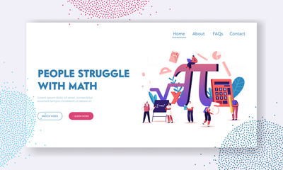 Math Science Landing Page Template. Tiny Students Characters in Lab or School Class Learning Mathematics at Huge Sign Pi. People Gaining Education and Writing Formulas. Cartoon Vector Illustration - obrazy, fototapety, plakaty