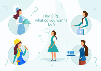 Girl Choosing Future Career Occupation Job. Contemplating Child Looking Up at Thought Bubbles with Different Professions Choice as Engineer, Doctor, Chief, Waitress. Cartoon Flat Vector Illustration