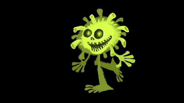Walk cycle of green coronavirus covid - 19. Walking character of an alien. 2D animation made in 4K, loopable clip with alpha channel