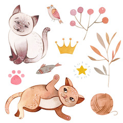 Hand painted watercolor composition with cute playing cats 