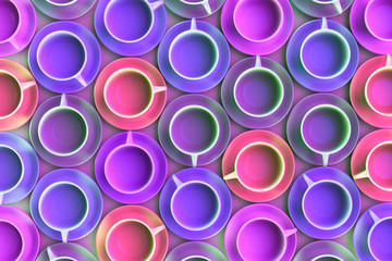A lot of colored tea mugs on the table. View from above