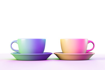 Two colored tea mugs on a light background. With copyspace