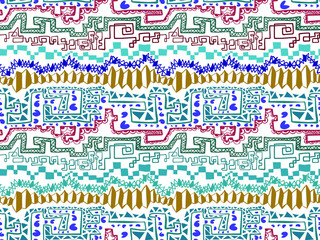 Geometric seamless pattern in style zentangle (ethnic, doodle). Horizontal colored striped background. 