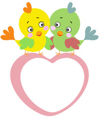Cute couple of birds on top of frame heart