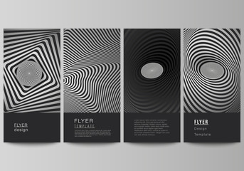 The minimalistic vector illustration of the editable layout of flyer, banner design templates. Abstract 3D geometrical background with optical illusion black and white design pattern.