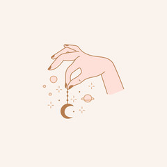 Elegant female hand holding moon, stars and planets. Abstract free hand drawn Vector illustration. Logo design template in trendy minimalistic style. Witchcraft, Boho, Fashion, esoteric, magic concept