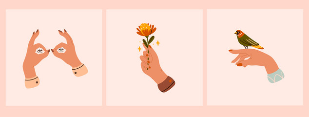 Set of three pairs of Tender female hands. Different gestures. Hands with bird and flower. Shadow puppet eyes. Hand drawn colored trendy vector illustrations. All elements are isolated