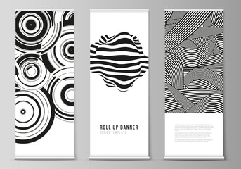 The vector illustration layout of roll up banner stands, vertical flyers, flags design business templates. Trendy geometric abstract background in minimalistic flat style with dynamic composition.